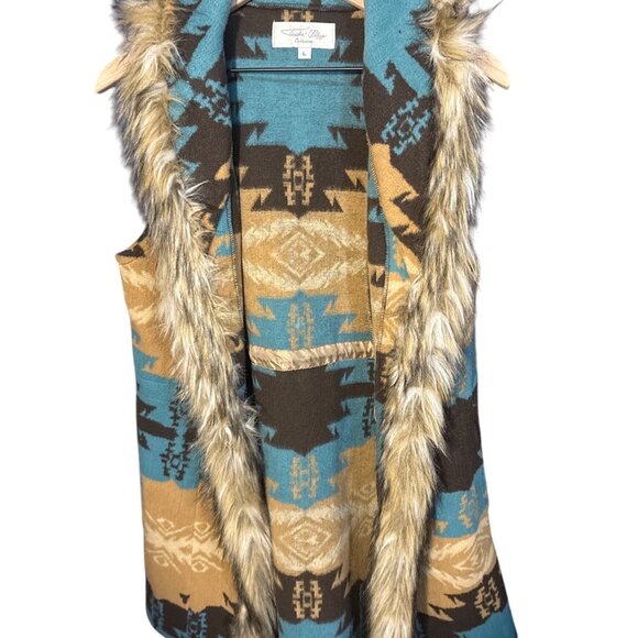 Tasha Polizzi Faux Fur Trim Southwestern Pattern Vest L - Picture 1 of 5